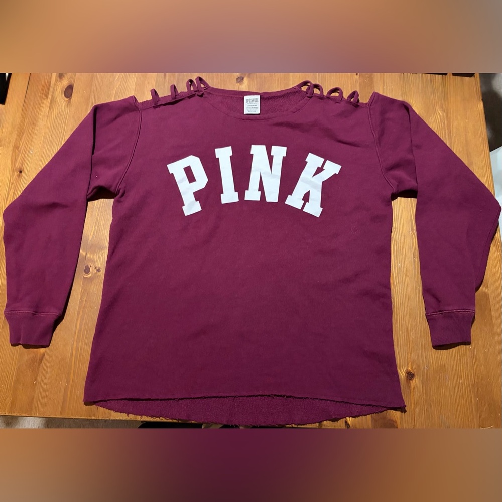 PINK Victoria's Secret Maroon Cotton Blend Long Sleeve Tee Cut Out Shoulders - Picture 1 of 4